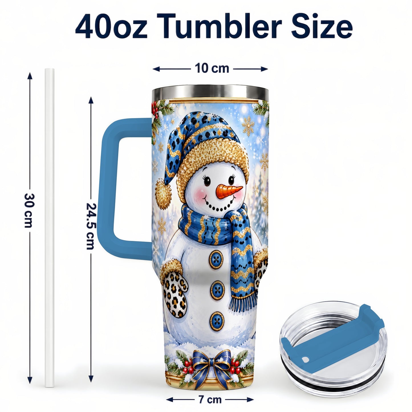 #pl[40oz|Blue] Blue Leopard Snowman 40oz Tumbler with Handle, Winter Travel Cup
