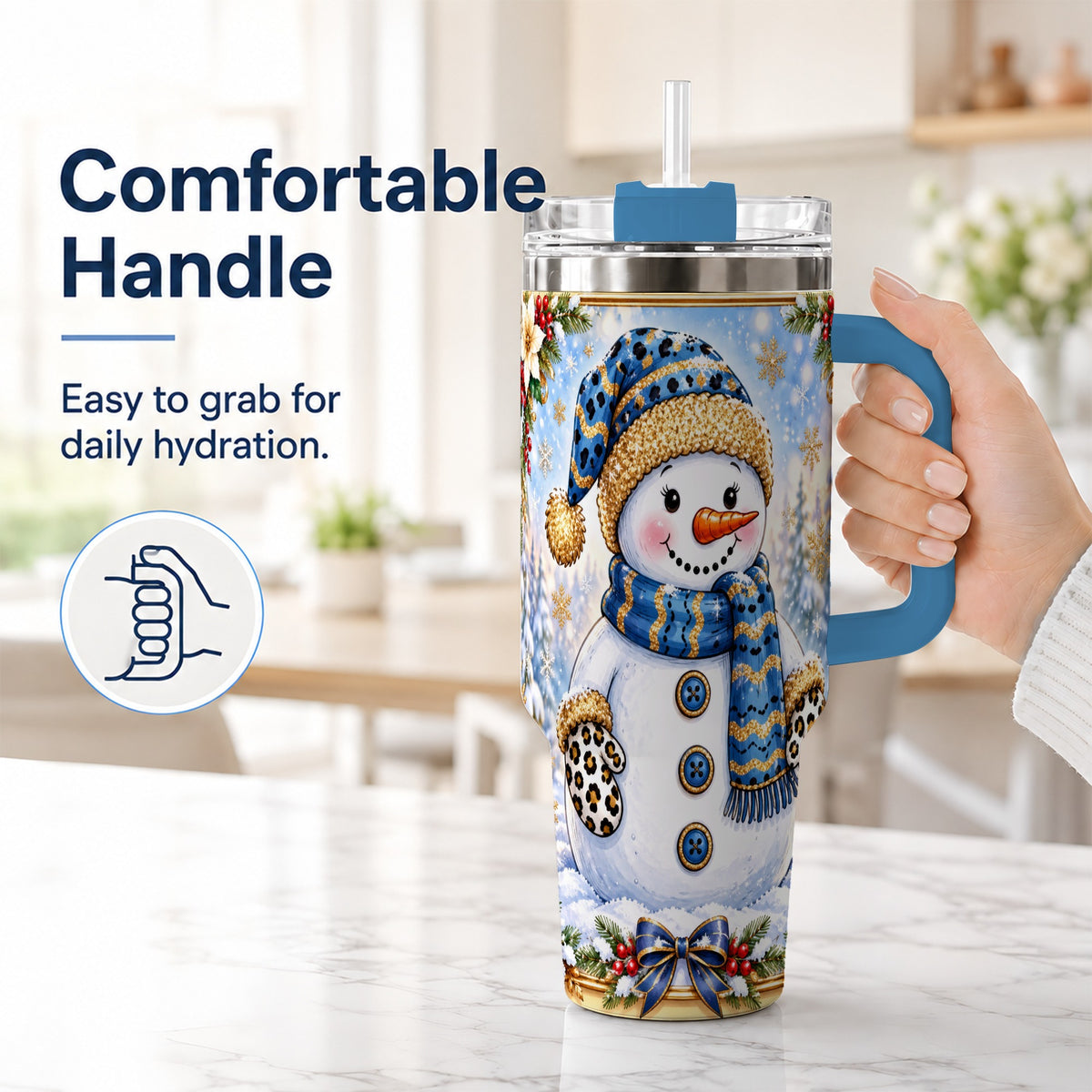 #pl[40oz|Blue] Blue Leopard Snowman 40oz Tumbler with Handle, Winter Travel Cup
