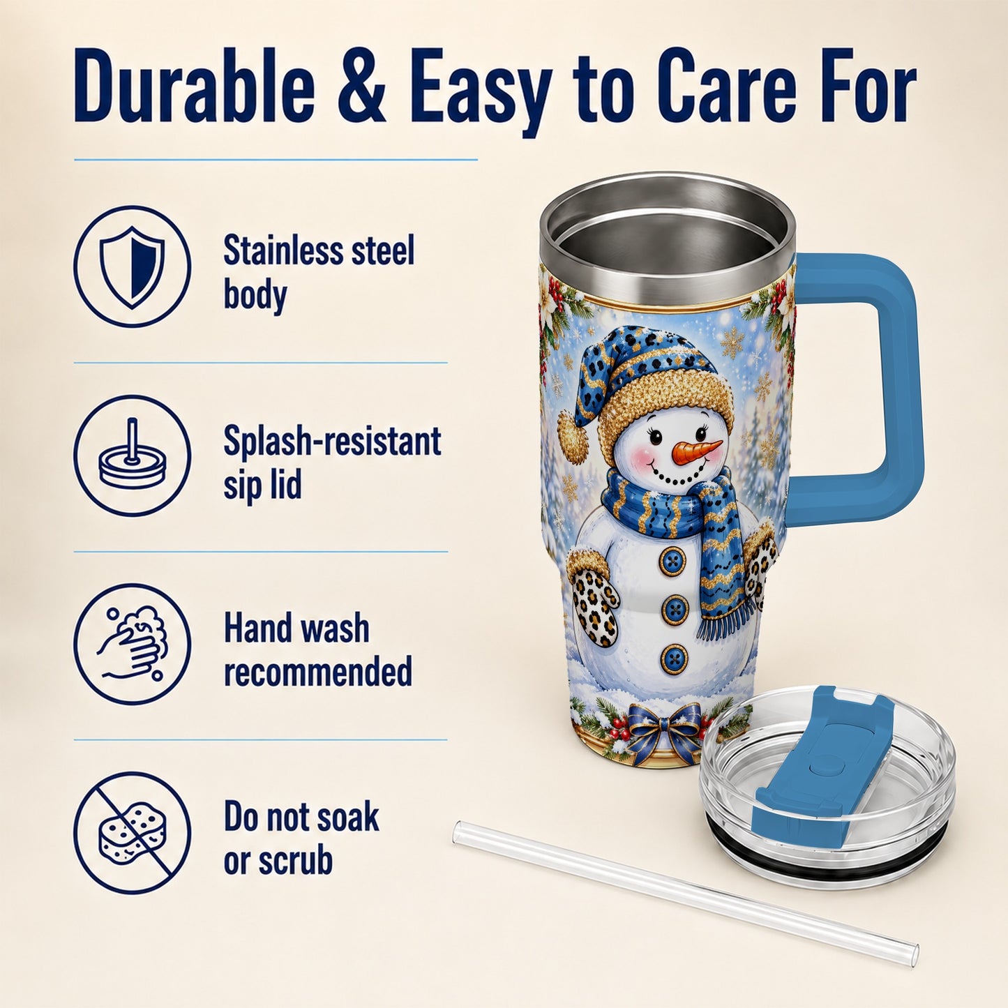 #pl[40oz|Blue] Blue Leopard Snowman 40oz Tumbler with Handle, Winter Travel Cup