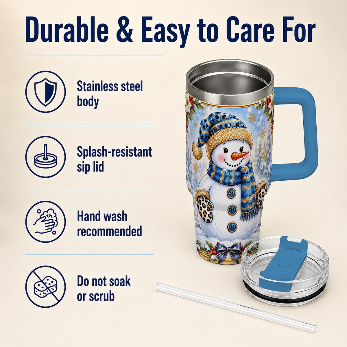 #pl[40oz|Blue] Blue Leopard Snowman 40oz Tumbler with Handle, Winter Travel Cup
