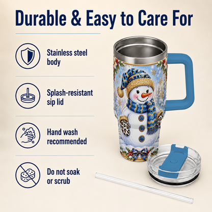 #pl[40oz|Blue] Blue Leopard Snowman 40oz Tumbler with Handle, Winter Travel Cup