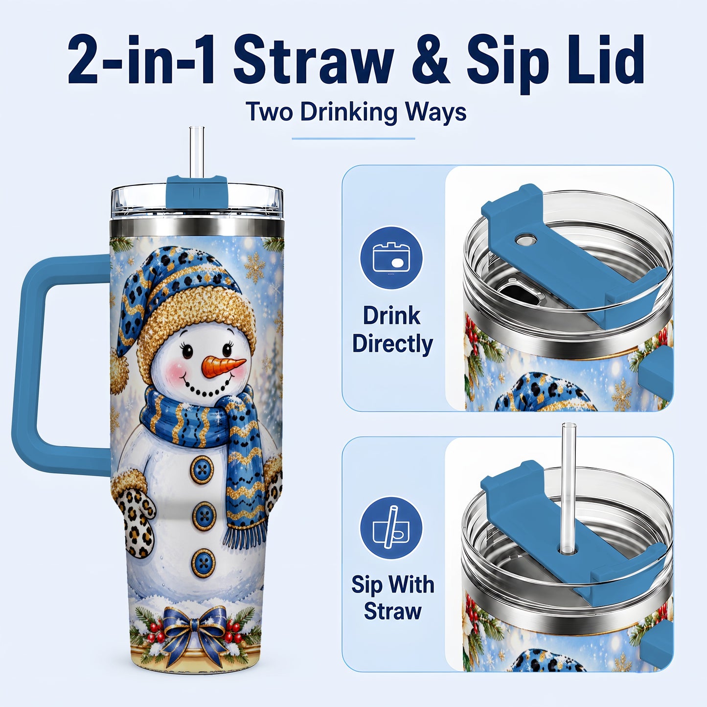 #pl[40oz|Blue] Blue Leopard Snowman 40oz Tumbler with Handle, Winter Travel Cup