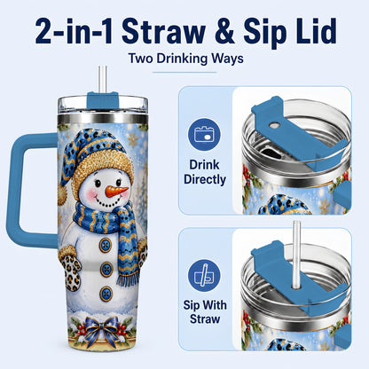 #pl[40oz|Blue] Blue Leopard Snowman 40oz Tumbler with Handle, Winter Travel Cup