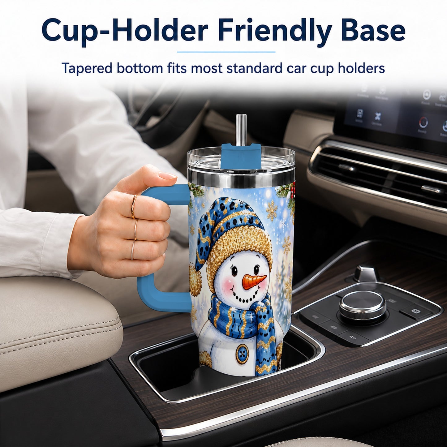 #pl[40oz|Blue] Blue Leopard Snowman 40oz Tumbler with Handle, Winter Travel Cup