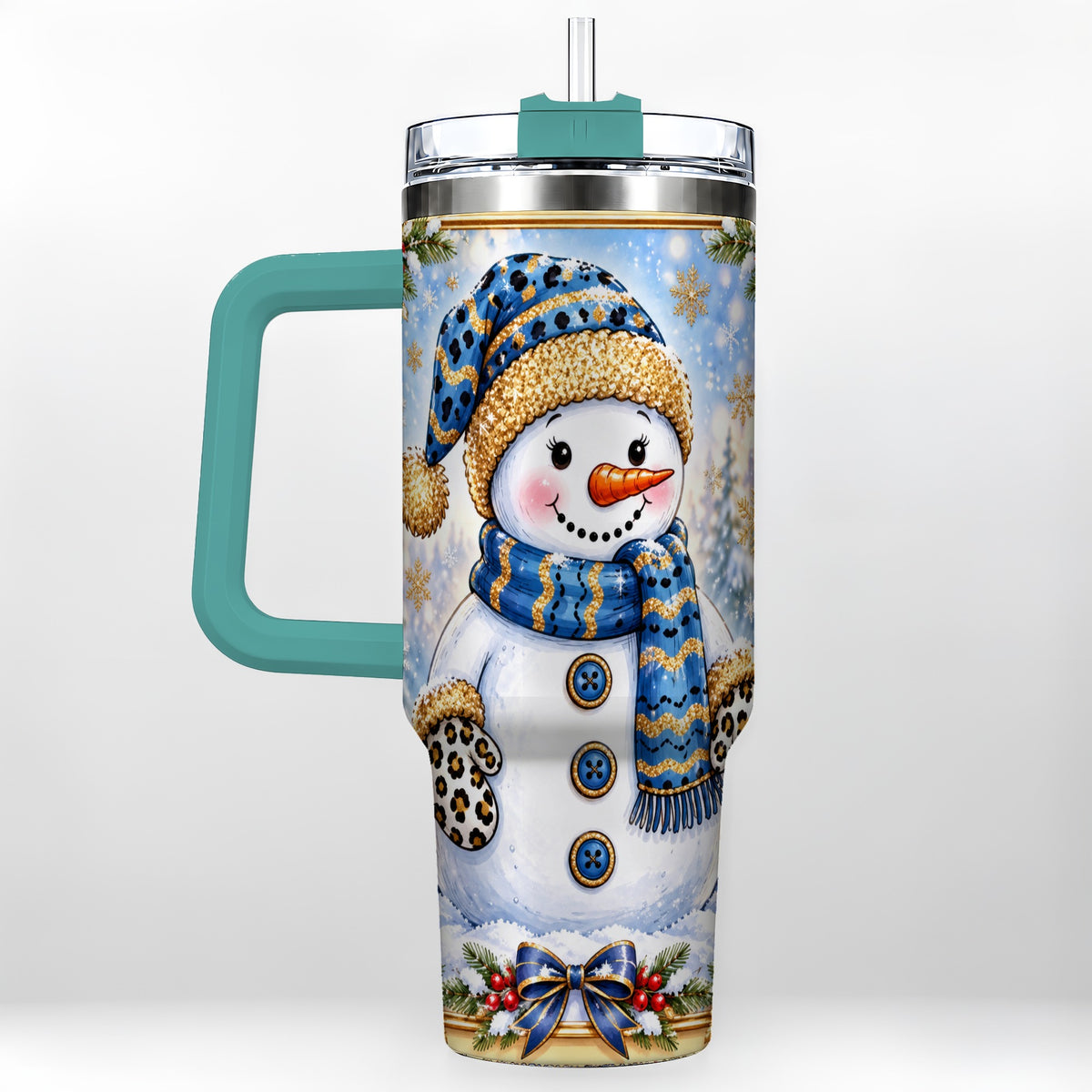#pl[40oz|Green] Blue Leopard Snowman 40oz Tumbler with Handle, Winter Travel Cup
