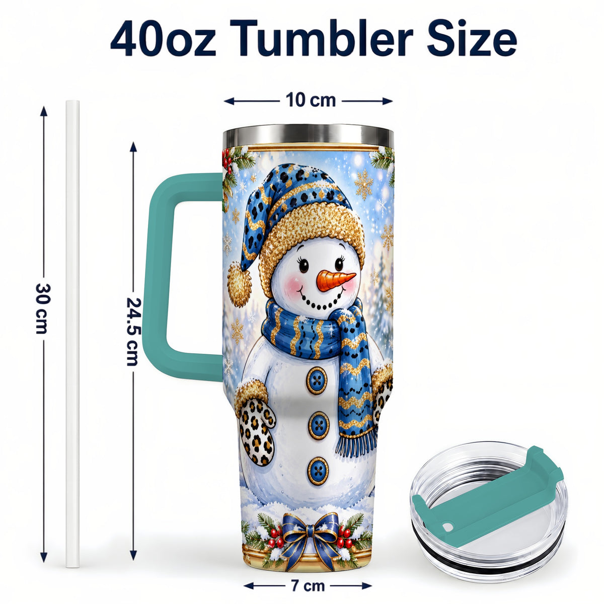 #pl[40oz|Green] Blue Leopard Snowman 40oz Tumbler with Handle, Winter Travel Cup