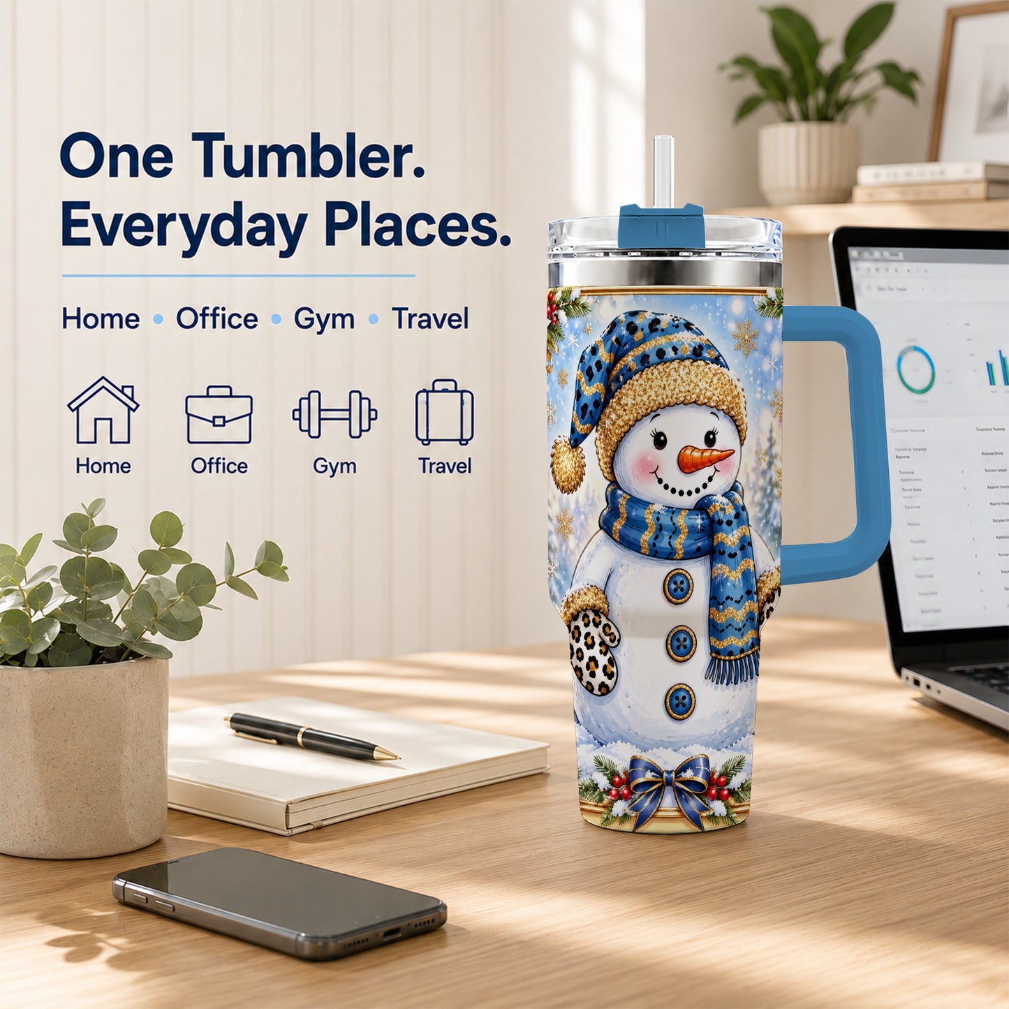 #pl[40oz|Blue] Blue Leopard Snowman 40oz Tumbler with Handle, Winter Travel Cup
