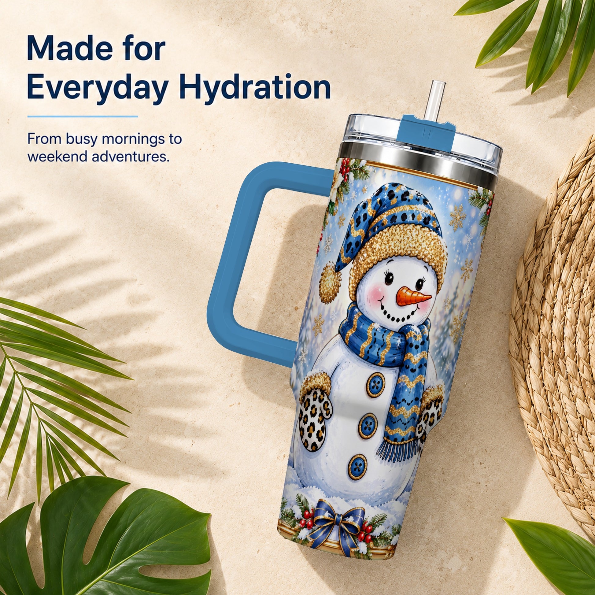 #pl[40oz|Blue] Blue Leopard Snowman 40oz Tumbler with Handle, Winter Travel Cup