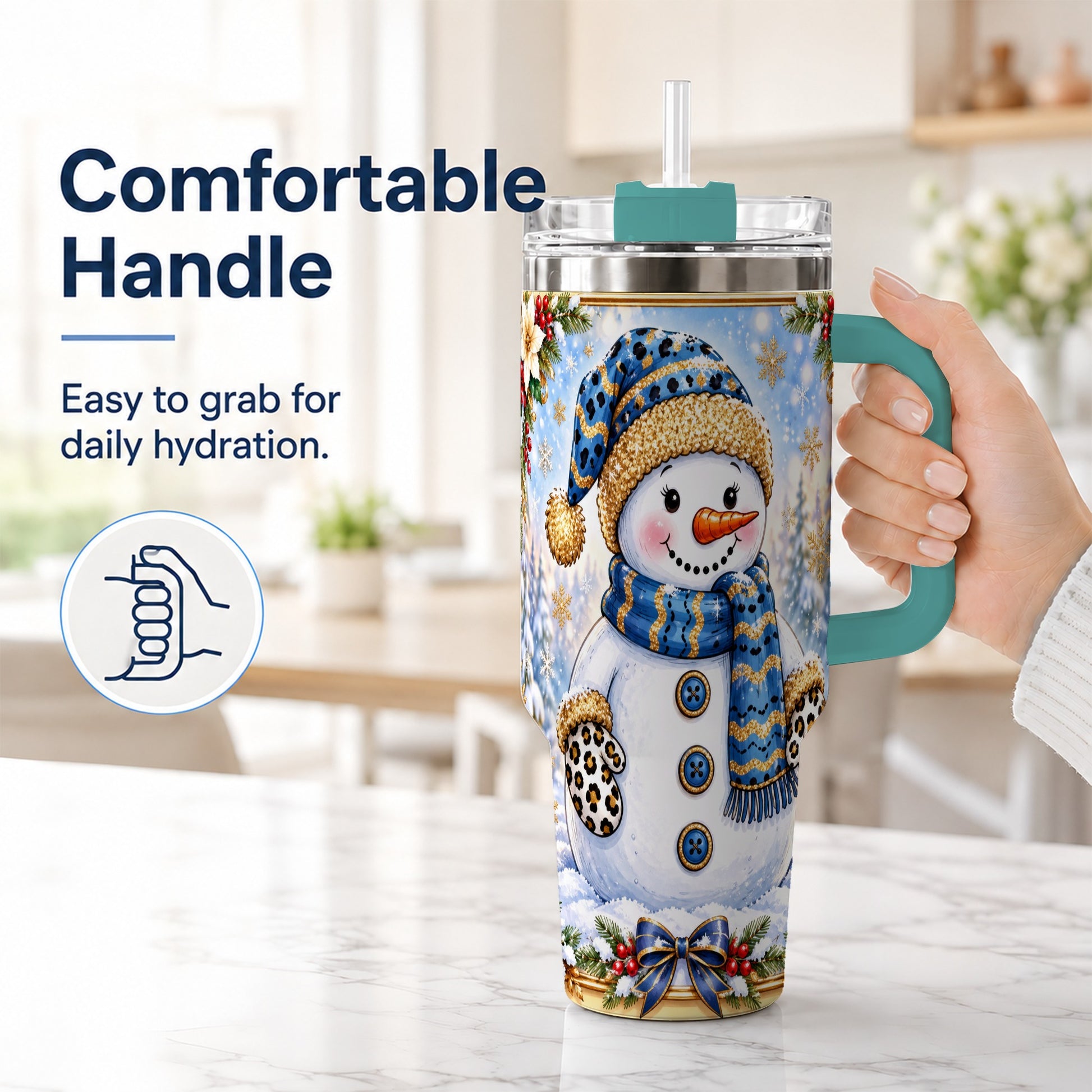 #pl[40oz|Green] Blue Leopard Snowman 40oz Tumbler with Handle, Winter Travel Cup