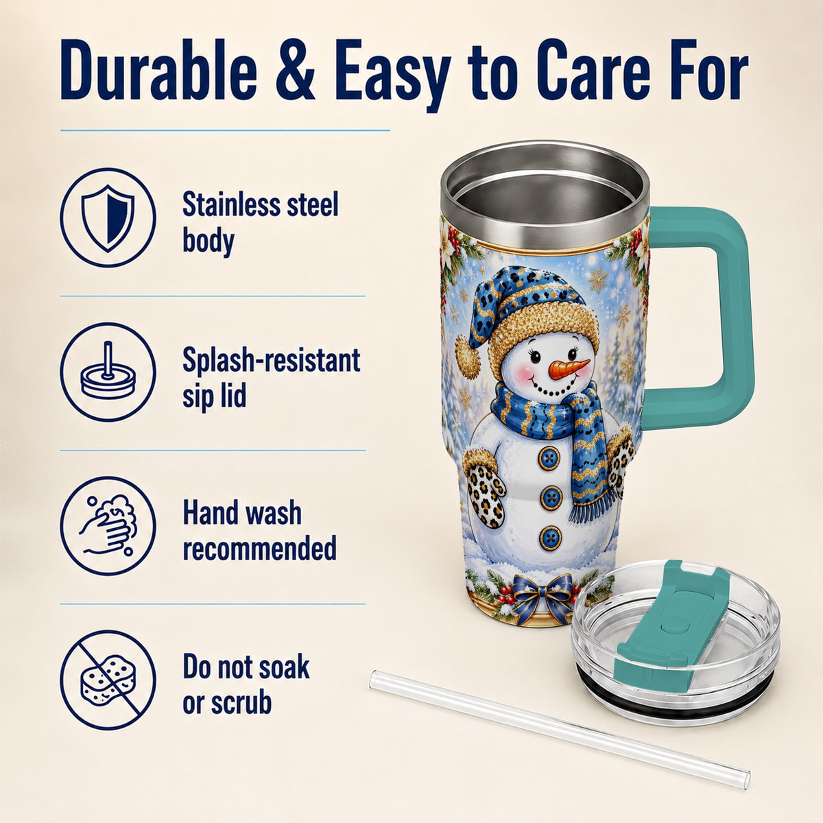#pl[40oz|Green] Blue Leopard Snowman 40oz Tumbler with Handle, Winter Travel Cup