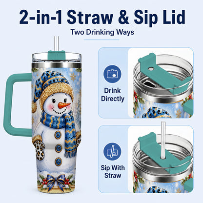 #pl[40oz|Green] Blue Leopard Snowman 40oz Tumbler with Handle, Winter Travel Cup