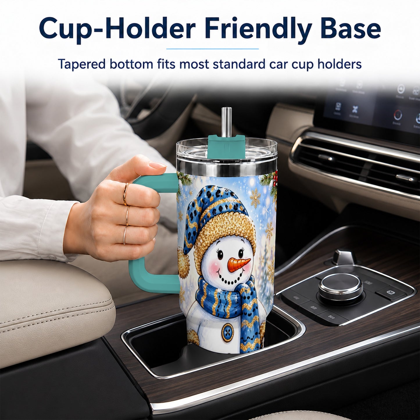 #pl[40oz|Green] Blue Leopard Snowman 40oz Tumbler with Handle, Winter Travel Cup