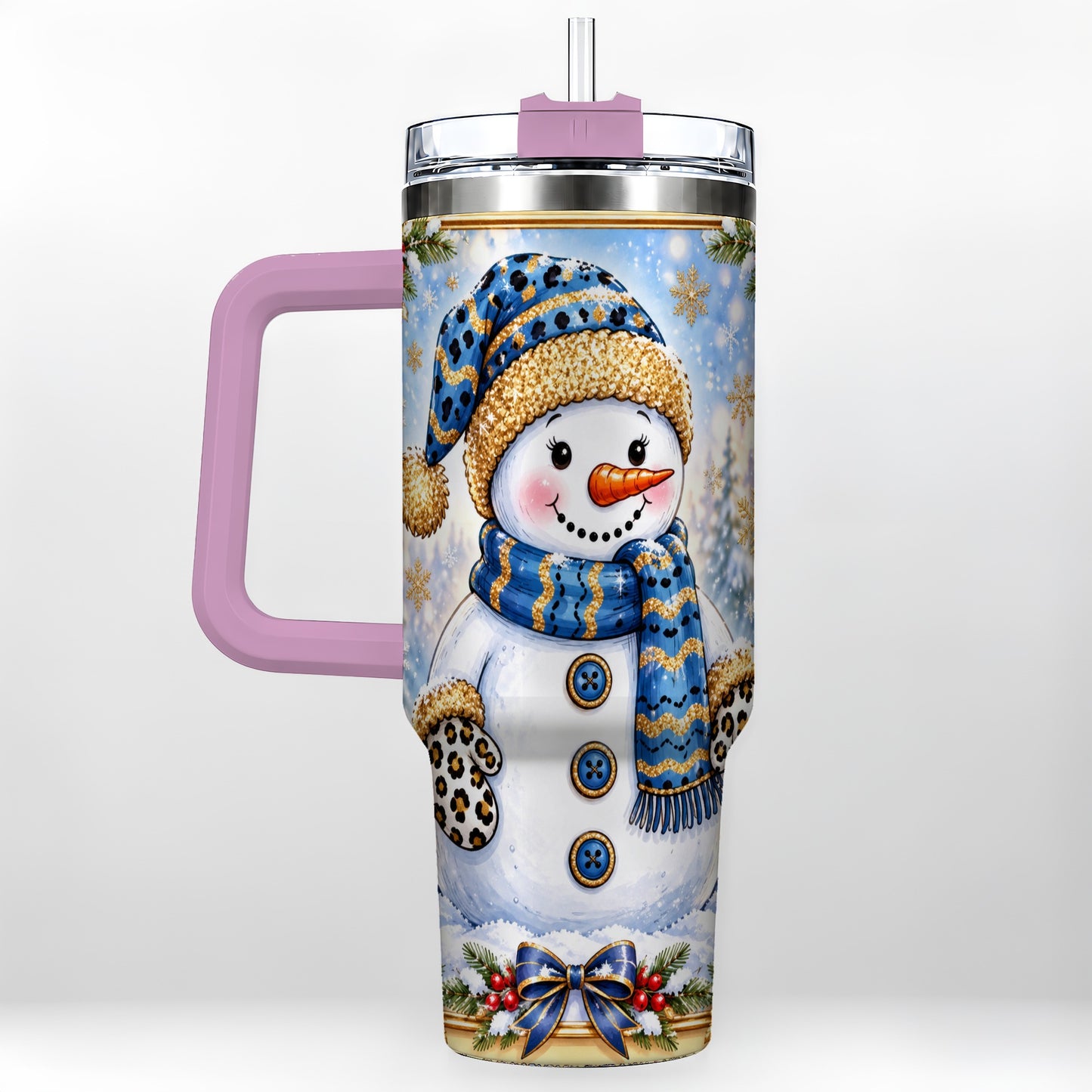 #pl[40oz|Pink] Blue Leopard Snowman 40oz Tumbler with Handle, Winter Travel Cup