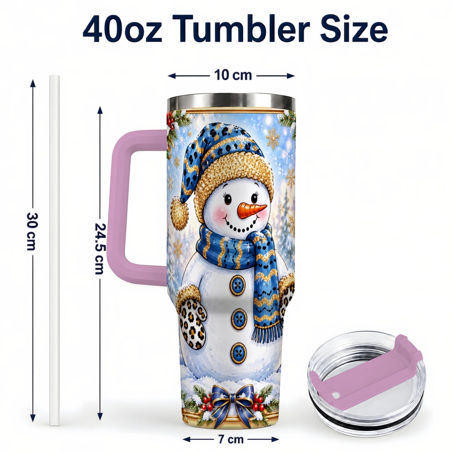 #pl[40oz|Pink] Blue Leopard Snowman 40oz Tumbler with Handle, Winter Travel Cup