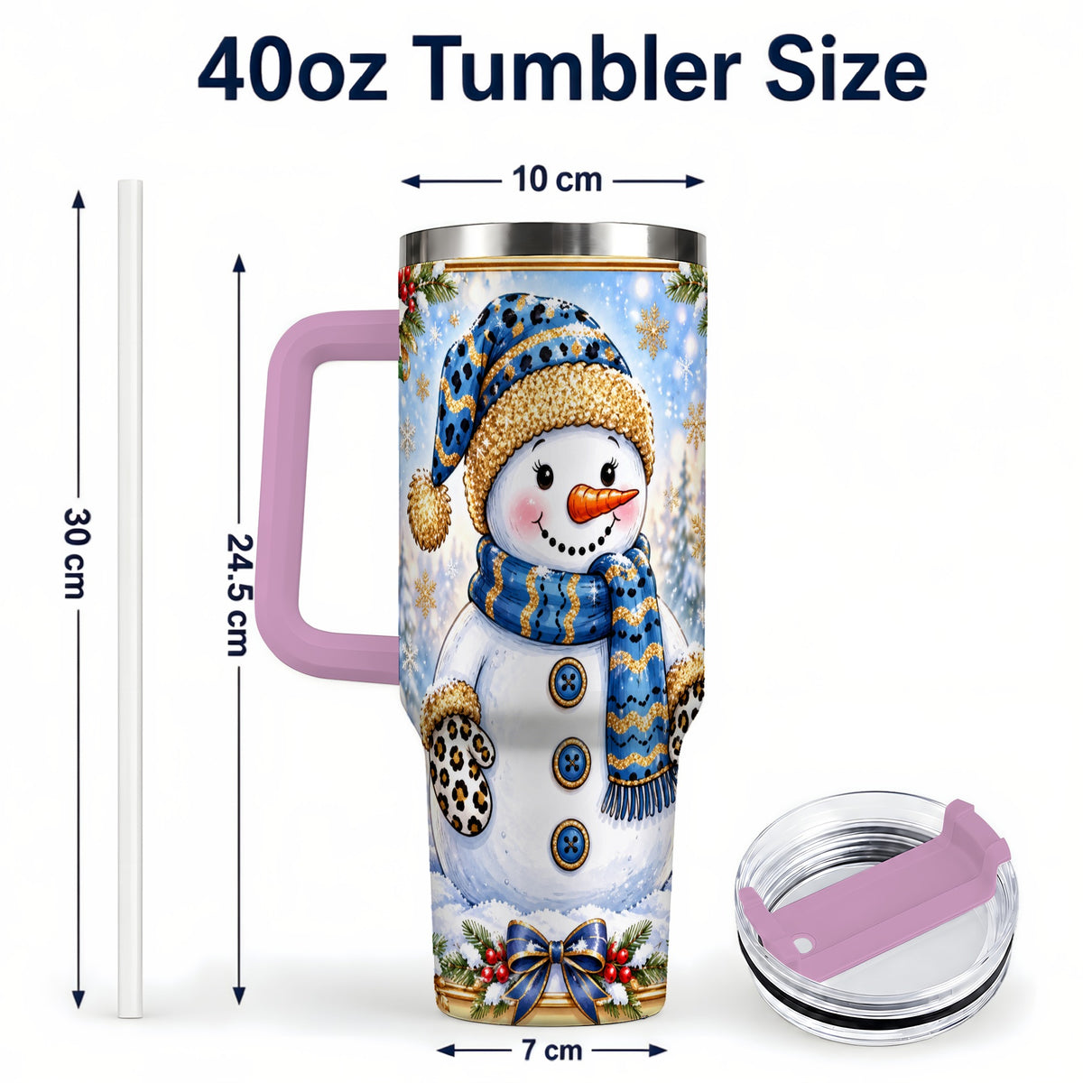 #pl[40oz|Pink] Blue Leopard Snowman 40oz Tumbler with Handle, Winter Travel Cup