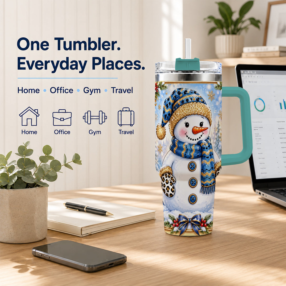 #pl[40oz|Green] Blue Leopard Snowman 40oz Tumbler with Handle, Winter Travel Cup
