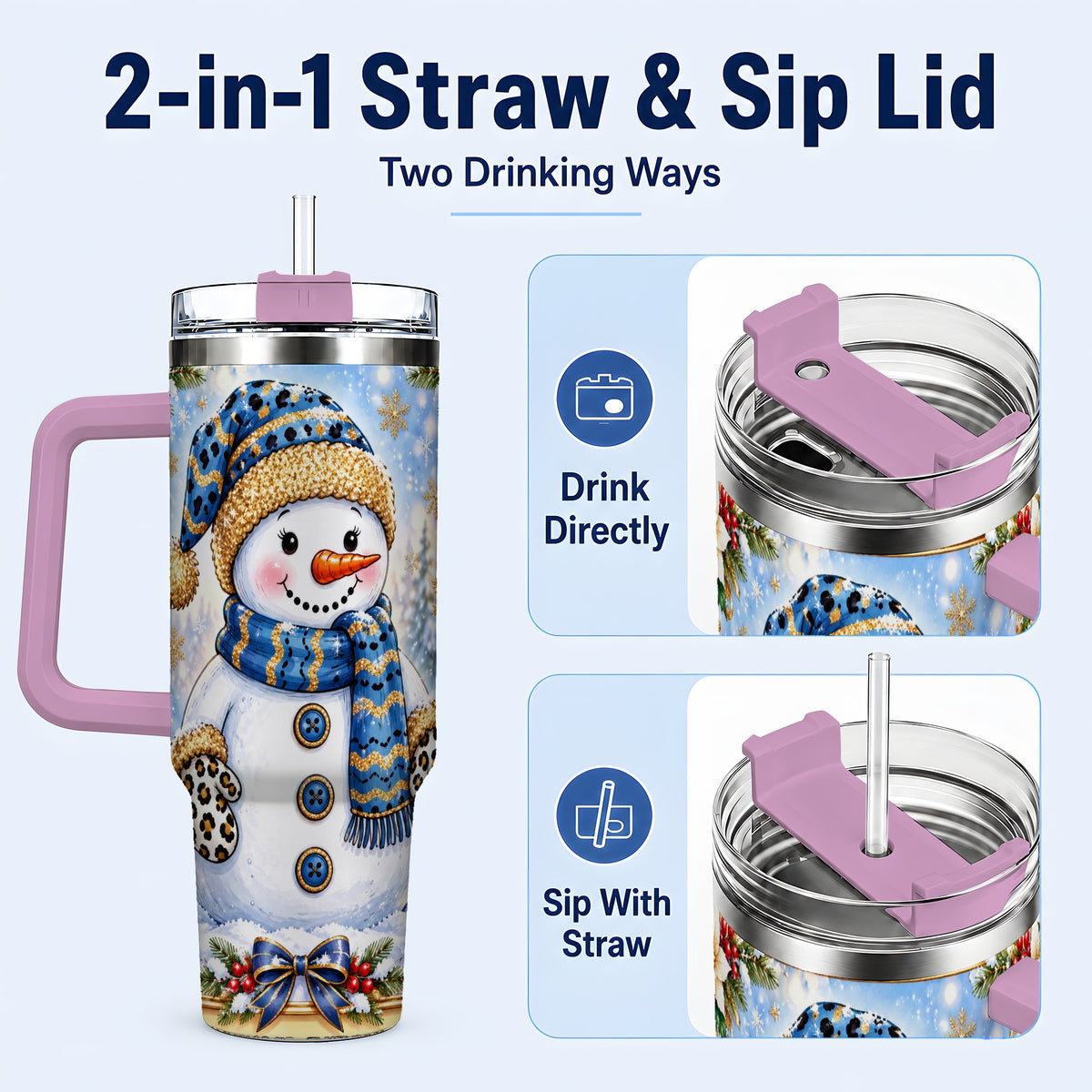 #pl[40oz|Pink] Blue Leopard Snowman 40oz Tumbler with Handle, Winter Travel Cup
