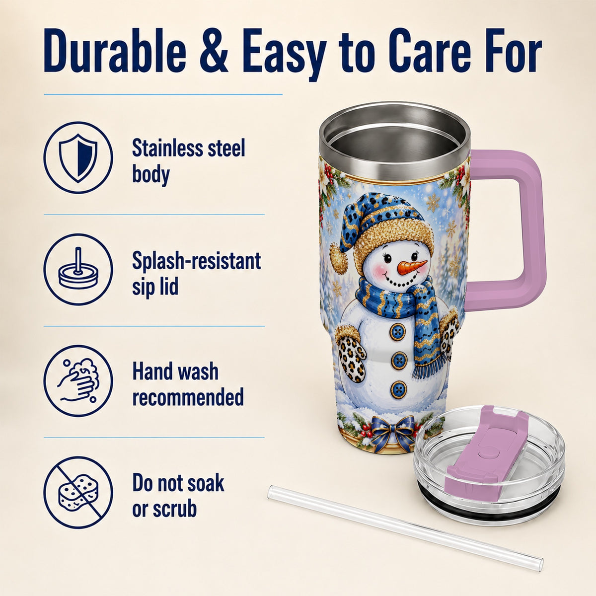 #pl[40oz|Pink] Blue Leopard Snowman 40oz Tumbler with Handle, Winter Travel Cup