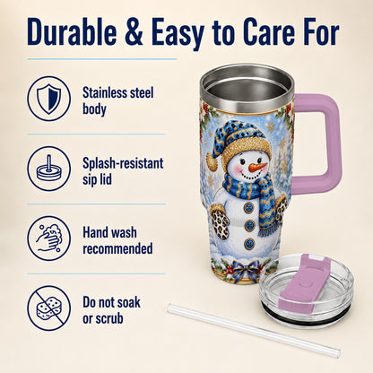 #pl[40oz|Pink] Blue Leopard Snowman 40oz Tumbler with Handle, Winter Travel Cup