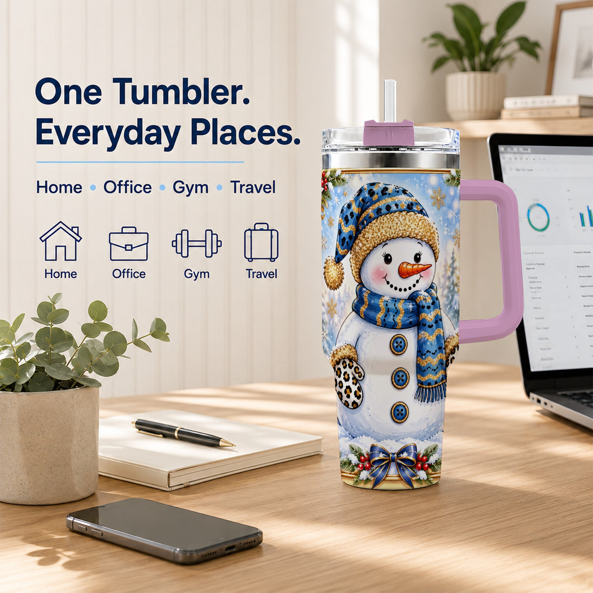 #pl[40oz|Pink] Blue Leopard Snowman 40oz Tumbler with Handle, Winter Travel Cup