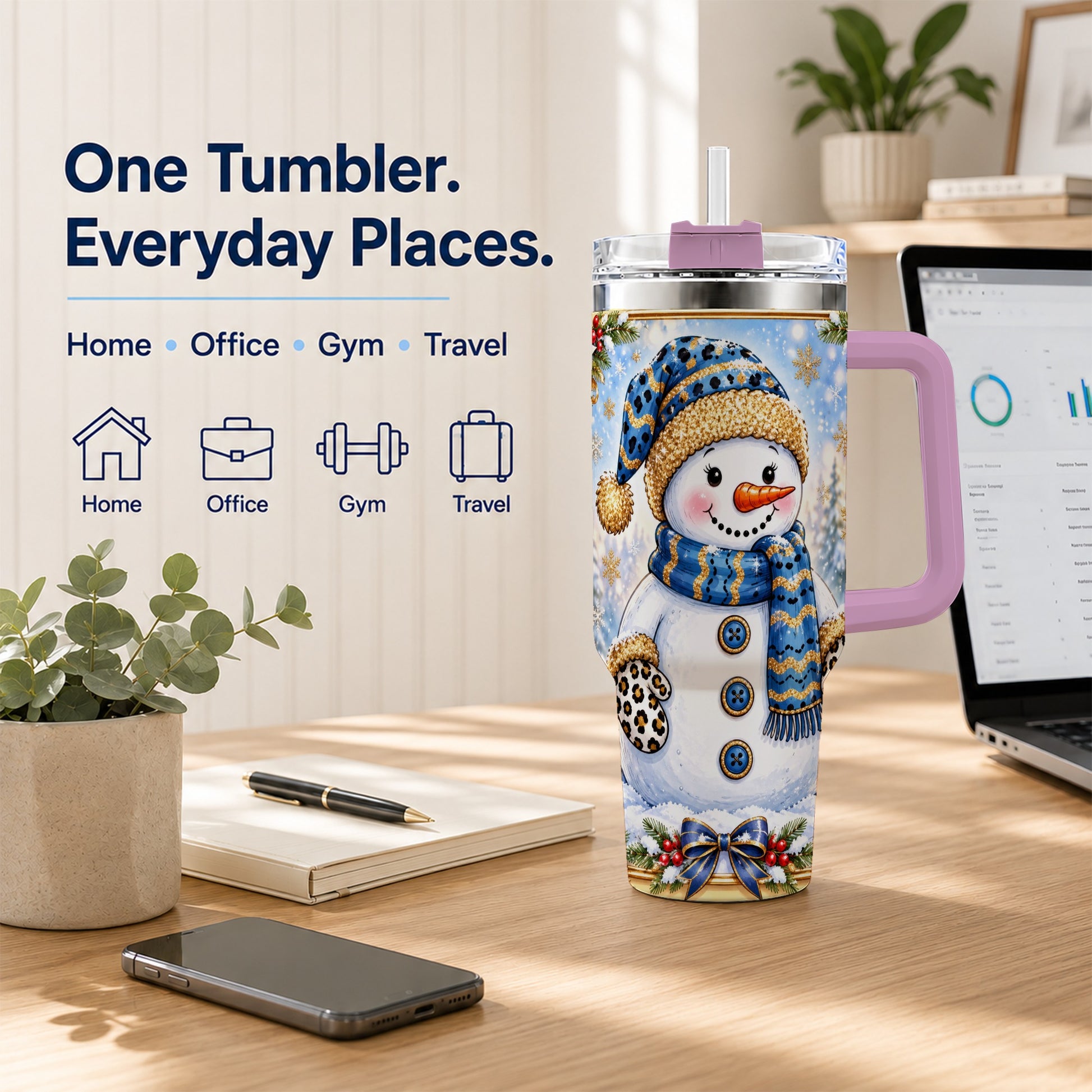 #pl[40oz|Pink] Blue Leopard Snowman 40oz Tumbler with Handle, Winter Travel Cup
