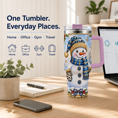 #pl[40oz|Pink] Blue Leopard Snowman 40oz Tumbler with Handle, Winter Travel Cup