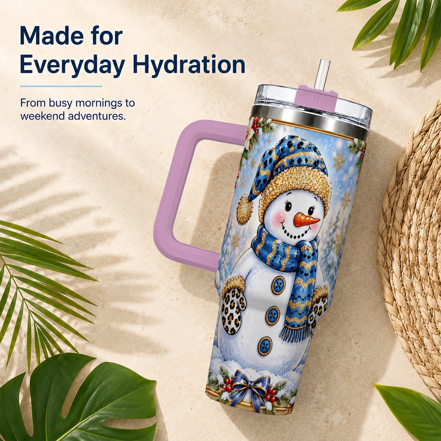 #pl[40oz|Pink] Blue Leopard Snowman 40oz Tumbler with Handle, Winter Travel Cup