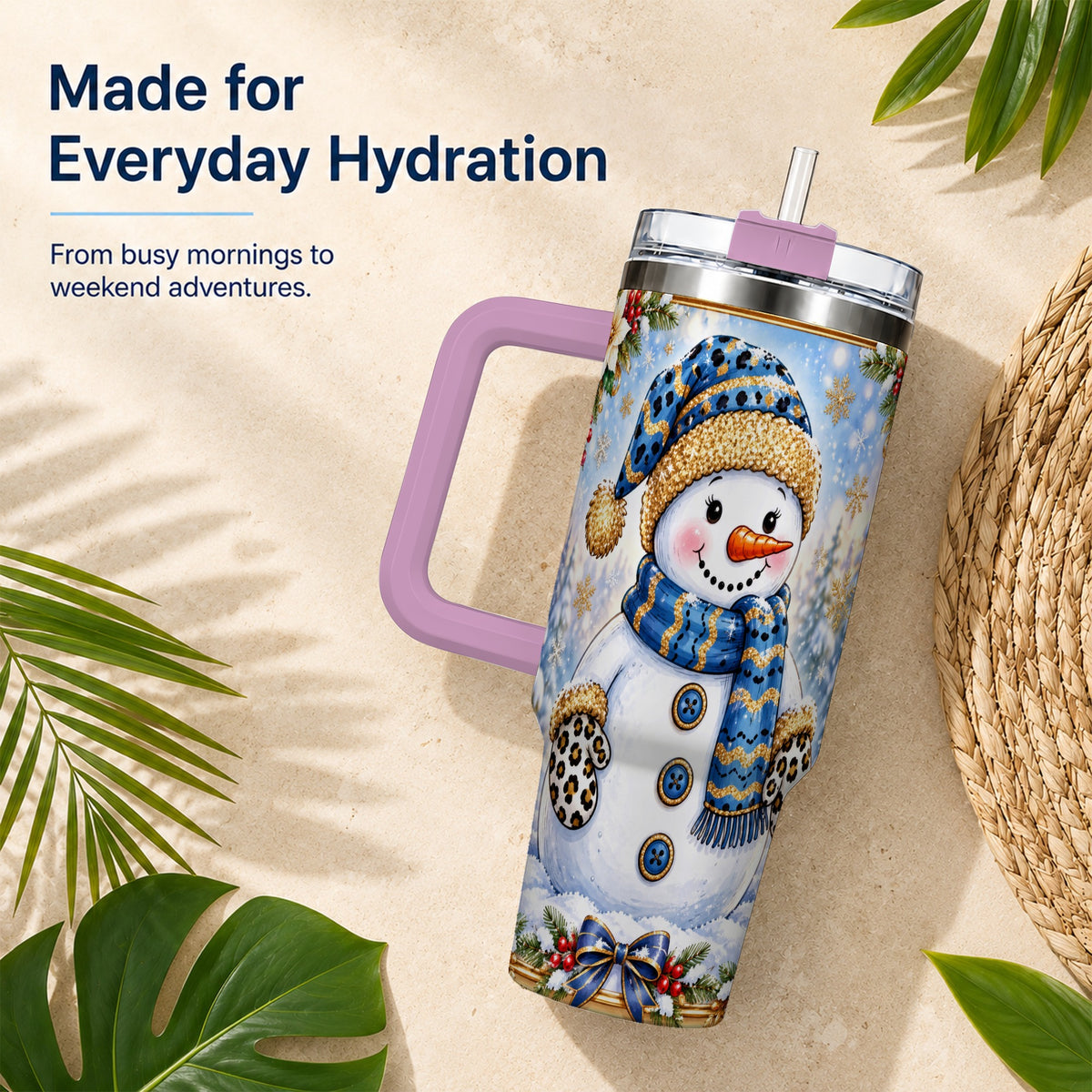#pl[40oz|Pink] Blue Leopard Snowman 40oz Tumbler with Handle, Winter Travel Cup