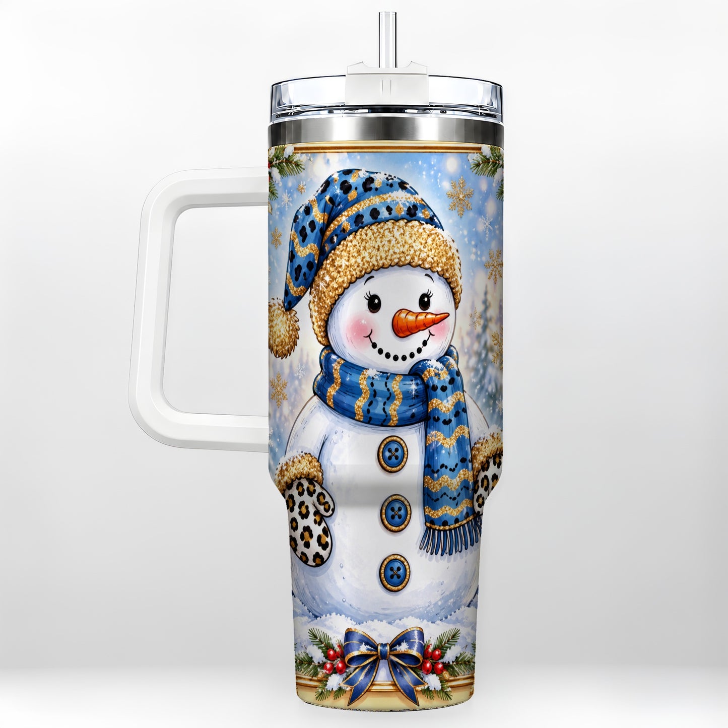 Blue Leopard Snowman 40oz Tumbler with Handle, Winter Travel Cup