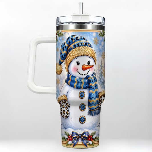 Blue Leopard Snowman 40oz Tumbler with Handle, Winter Travel Cup