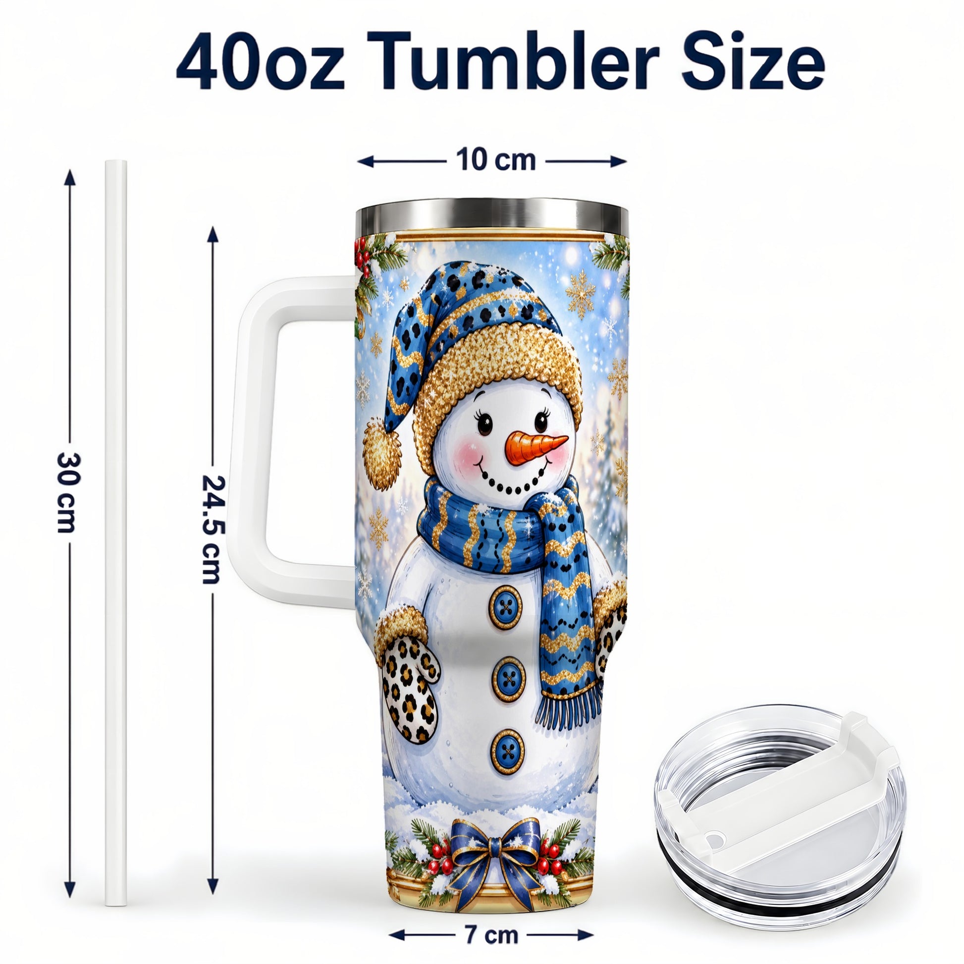 #pl[40oz|White] Blue Leopard Snowman 40oz Tumbler with Handle, Winter Travel Cup