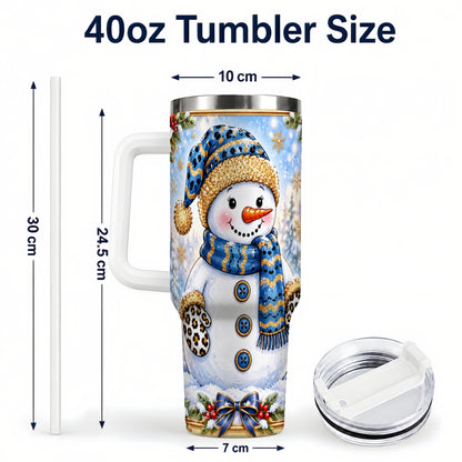 #pl[40oz|White] Blue Leopard Snowman 40oz Tumbler with Handle, Winter Travel Cup