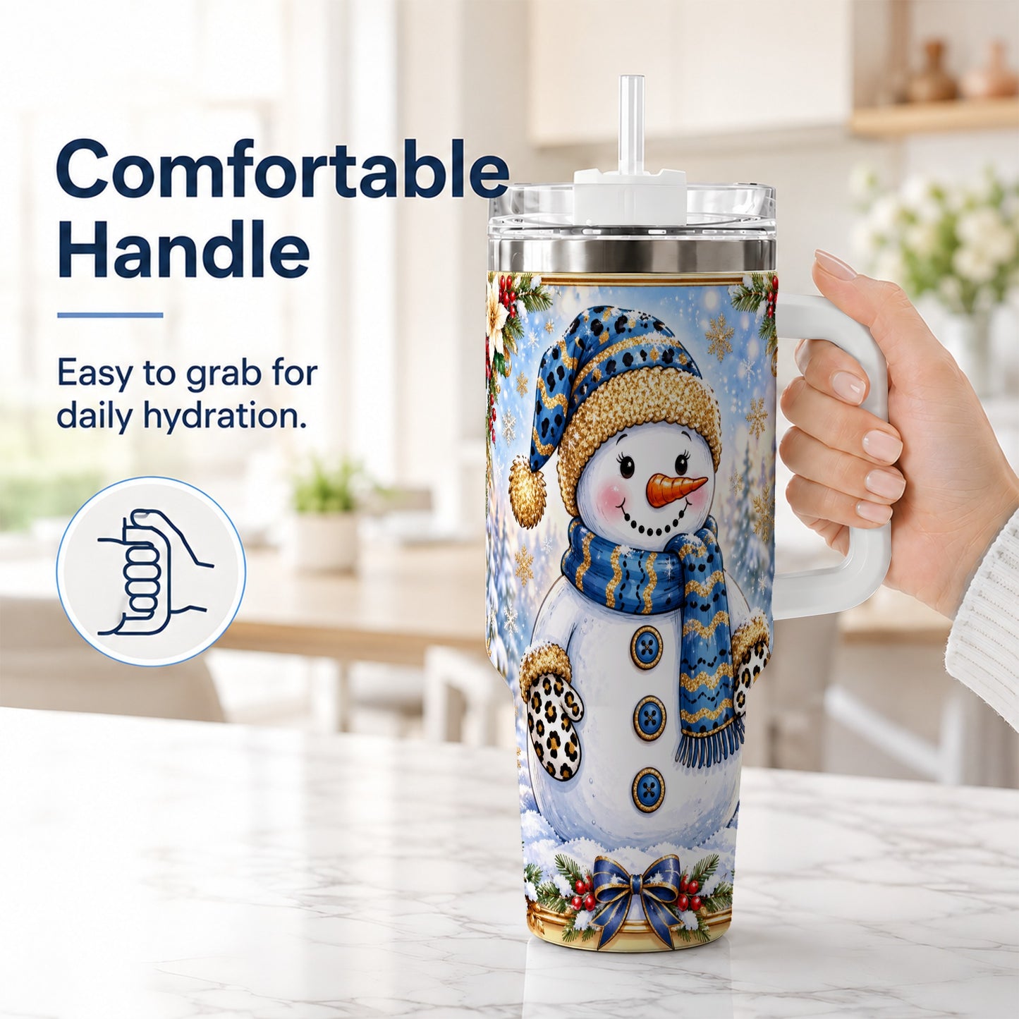 #pl[40oz|White] Blue Leopard Snowman 40oz Tumbler with Handle, Winter Travel Cup