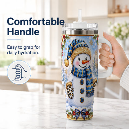 #pl[40oz|White] Blue Leopard Snowman 40oz Tumbler with Handle, Winter Travel Cup