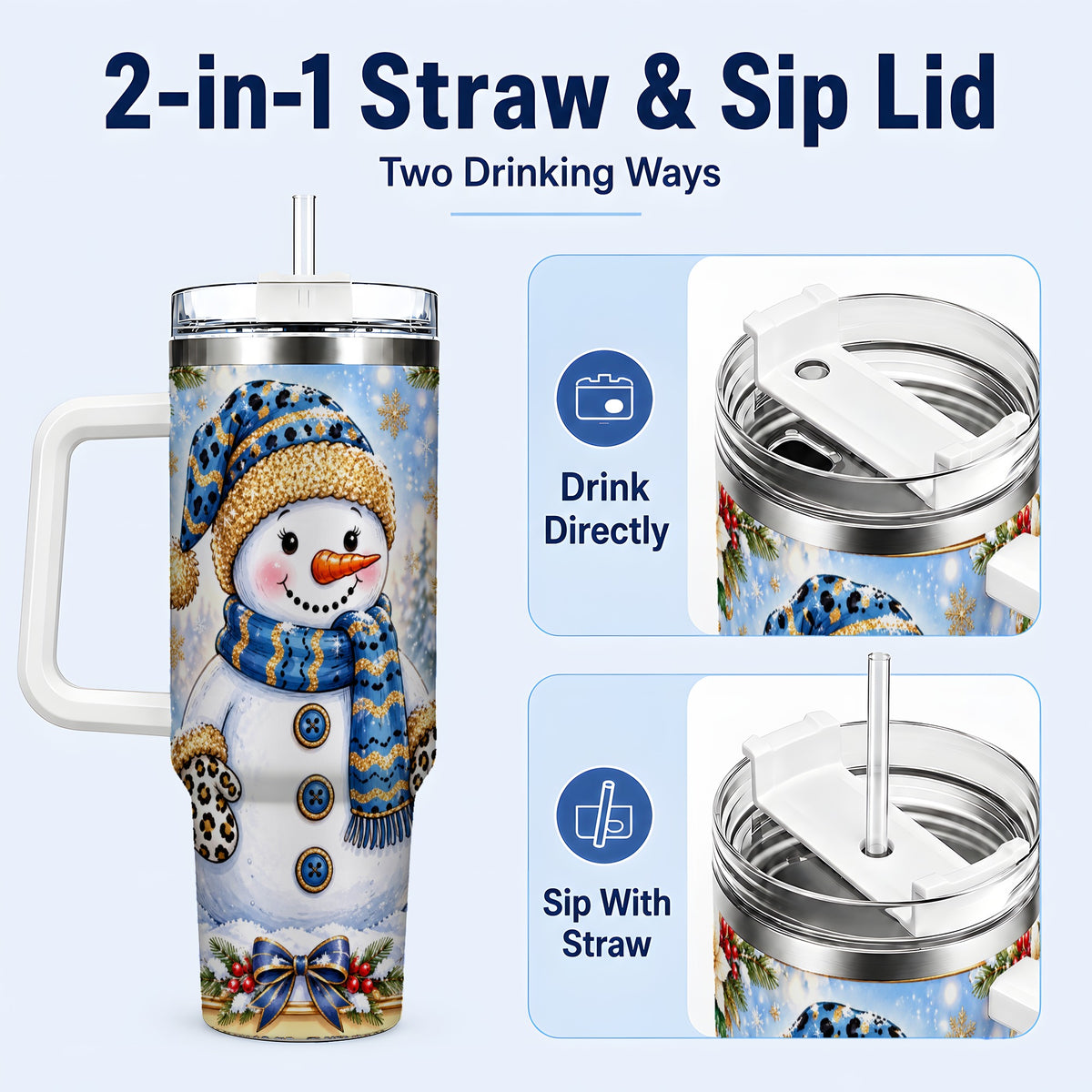 #pl[40oz|White] Blue Leopard Snowman 40oz Tumbler with Handle, Winter Travel Cup
