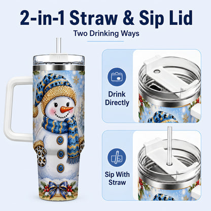 #pl[40oz|White] Blue Leopard Snowman 40oz Tumbler with Handle, Winter Travel Cup