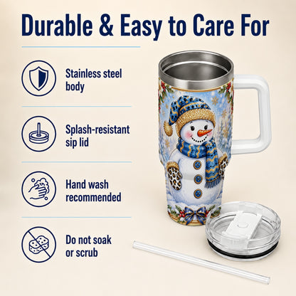 #pl[40oz|White] Blue Leopard Snowman 40oz Tumbler with Handle, Winter Travel Cup