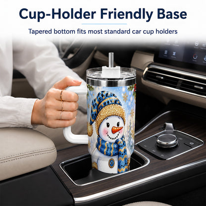 #pl[40oz|White] Blue Leopard Snowman 40oz Tumbler with Handle, Winter Travel Cup