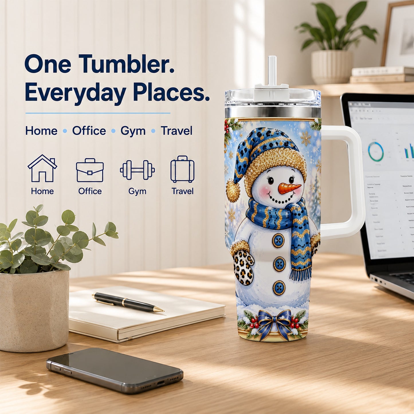 #pl[40oz|White] Blue Leopard Snowman 40oz Tumbler with Handle, Winter Travel Cup