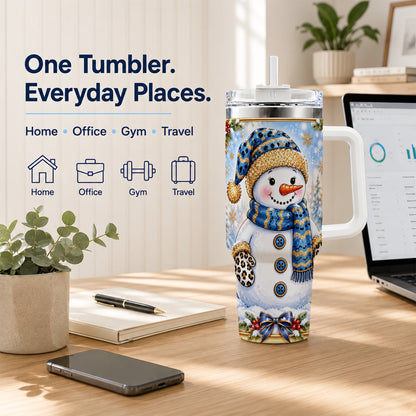 #pl[40oz|White] Blue Leopard Snowman 40oz Tumbler with Handle, Winter Travel Cup