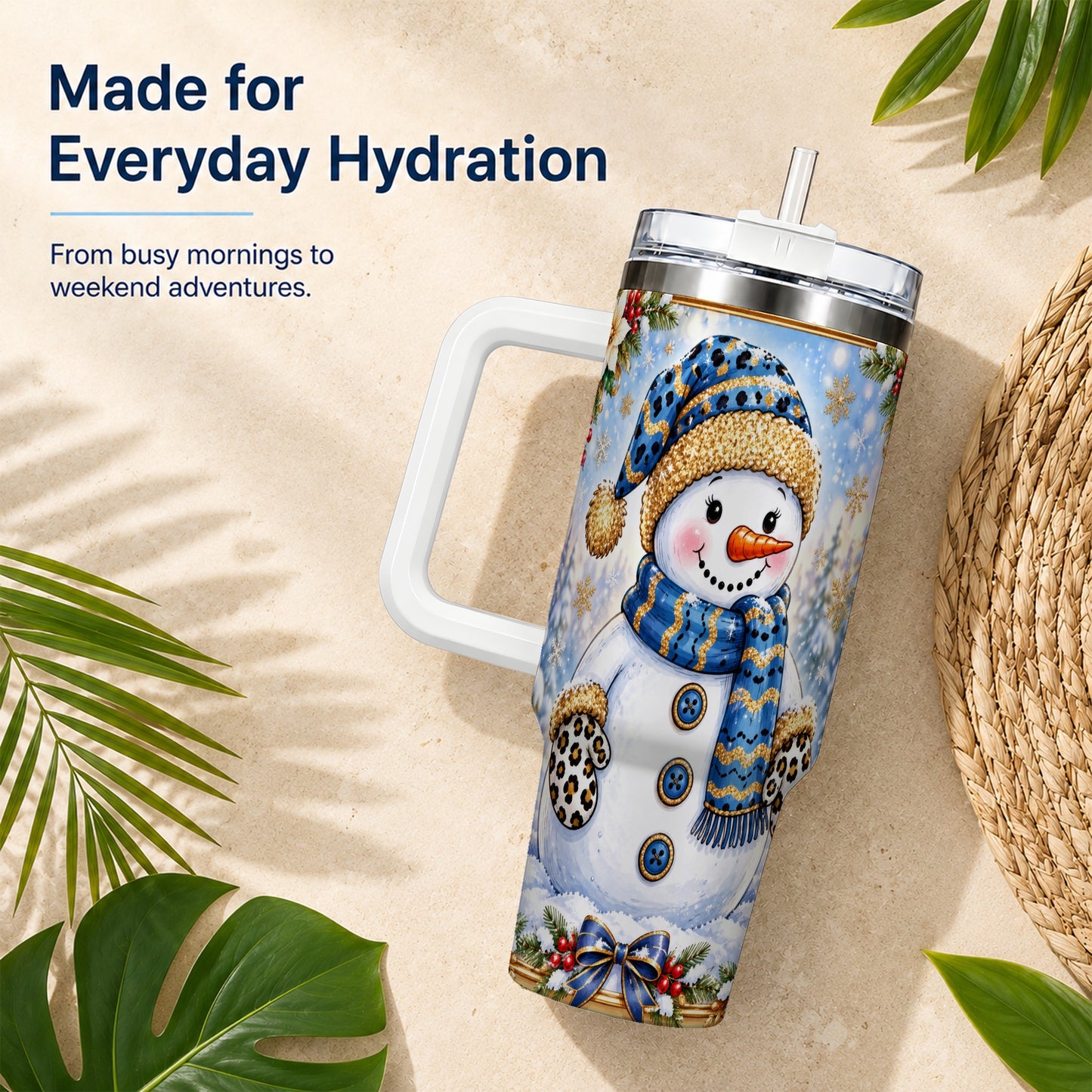#pl[40oz|White] Blue Leopard Snowman 40oz Tumbler with Handle, Winter Travel Cup