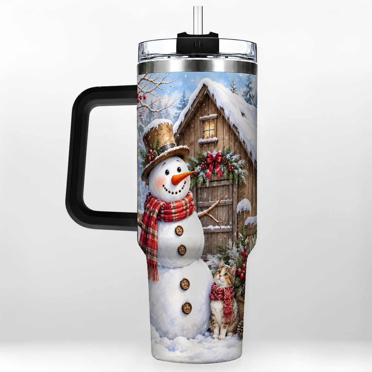 #pl[40oz|Black] Snowman and Cat 40oz Tumbler with Handle, Cozy Winter Travel Cup