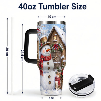 #pl[40oz|Black] Snowman and Cat 40oz Tumbler with Handle, Cozy Winter Travel Cup