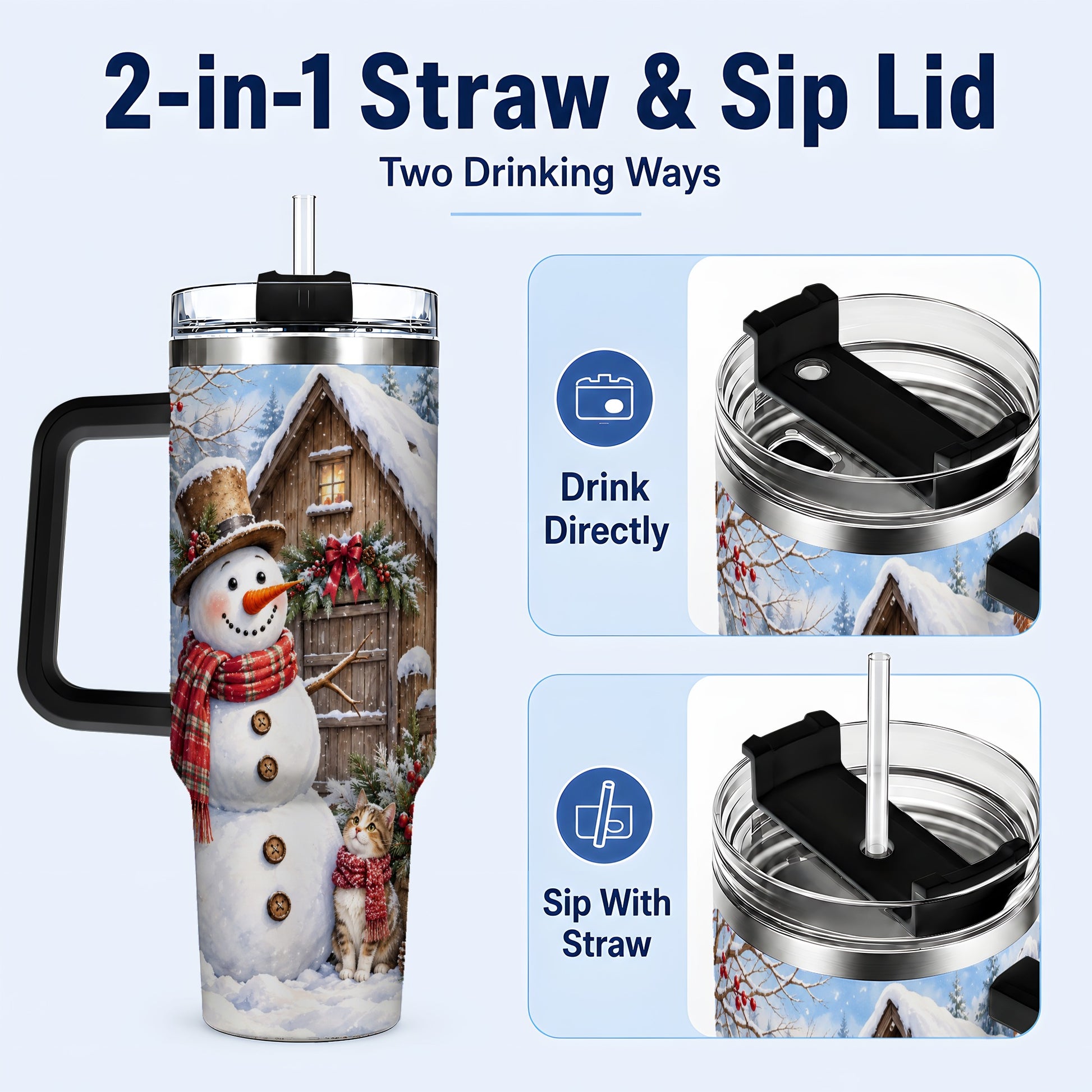 #pl[40oz|Black] Snowman and Cat 40oz Tumbler with Handle, Cozy Winter Travel Cup