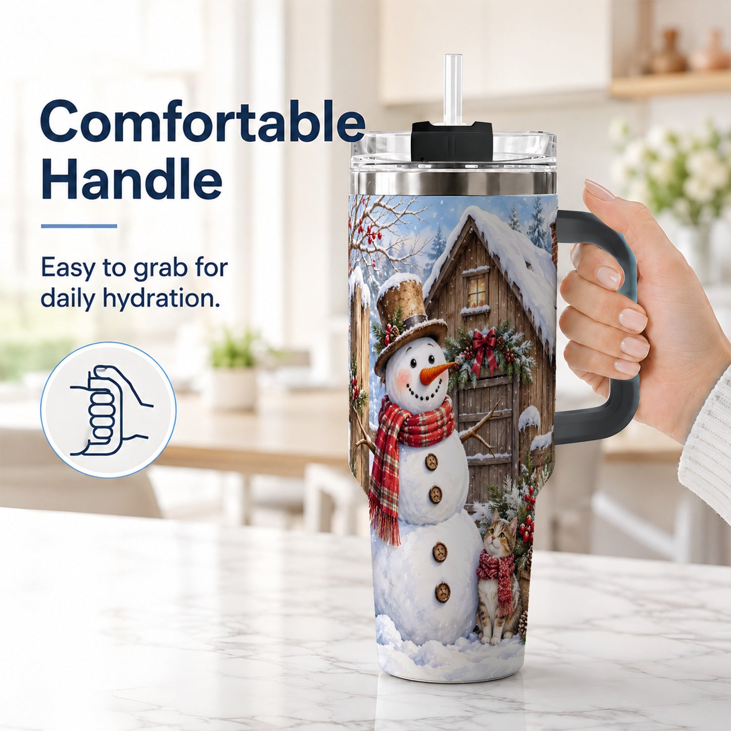 #pl[40oz|Black] Snowman and Cat 40oz Tumbler with Handle, Cozy Winter Travel Cup