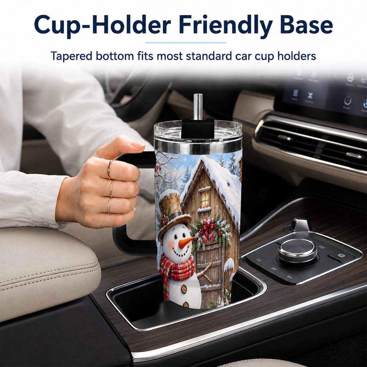 #pl[40oz|Black] Snowman and Cat 40oz Tumbler with Handle, Cozy Winter Travel Cup