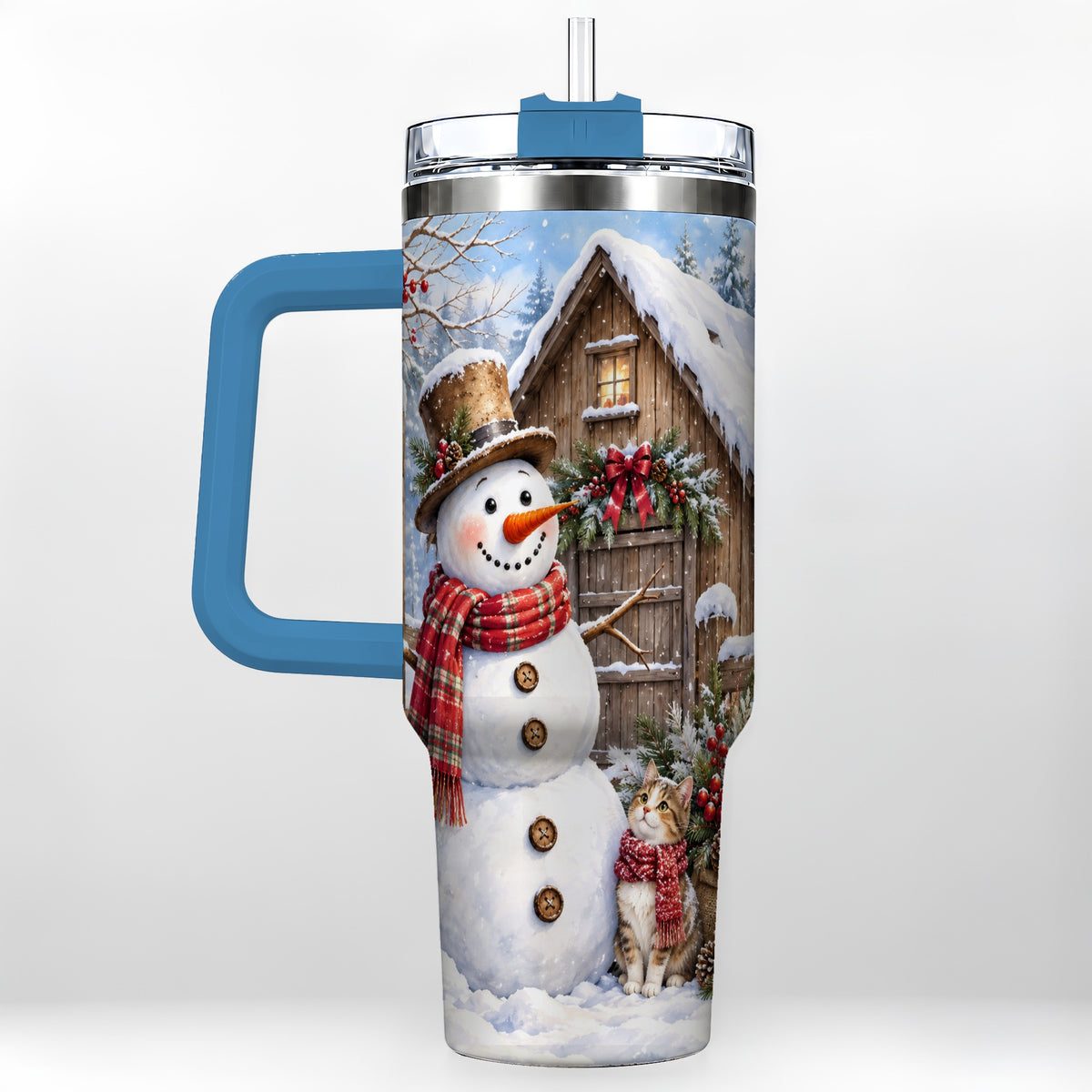 #pl[40oz|Blue] Snowman and Cat 40oz Tumbler with Handle, Cozy Winter Travel Cup