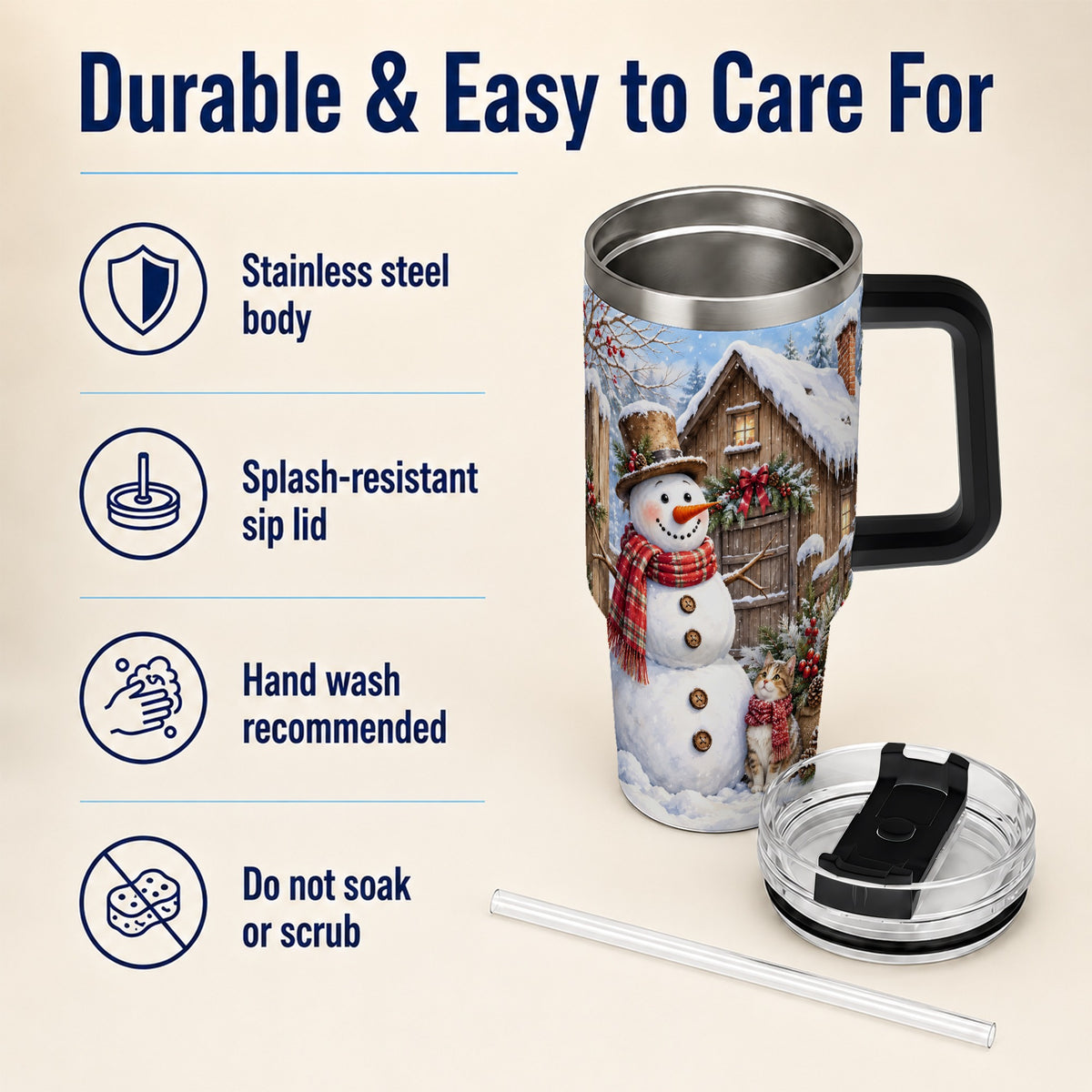 #pl[40oz|Black] Snowman and Cat 40oz Tumbler with Handle, Cozy Winter Travel Cup