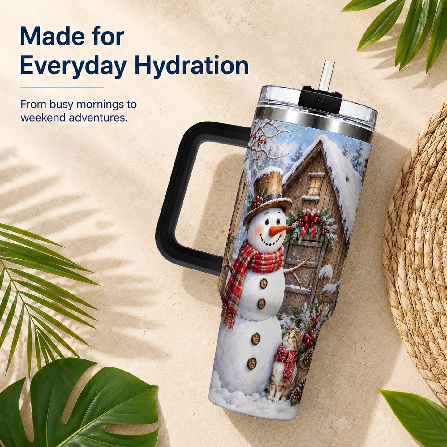 #pl[40oz|Black] Snowman and Cat 40oz Tumbler with Handle, Cozy Winter Travel Cup