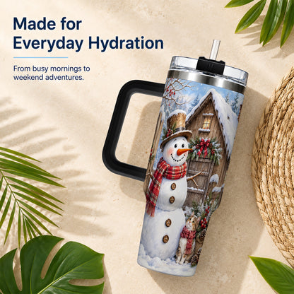 #pl[40oz|Black] Snowman and Cat 40oz Tumbler with Handle, Cozy Winter Travel Cup